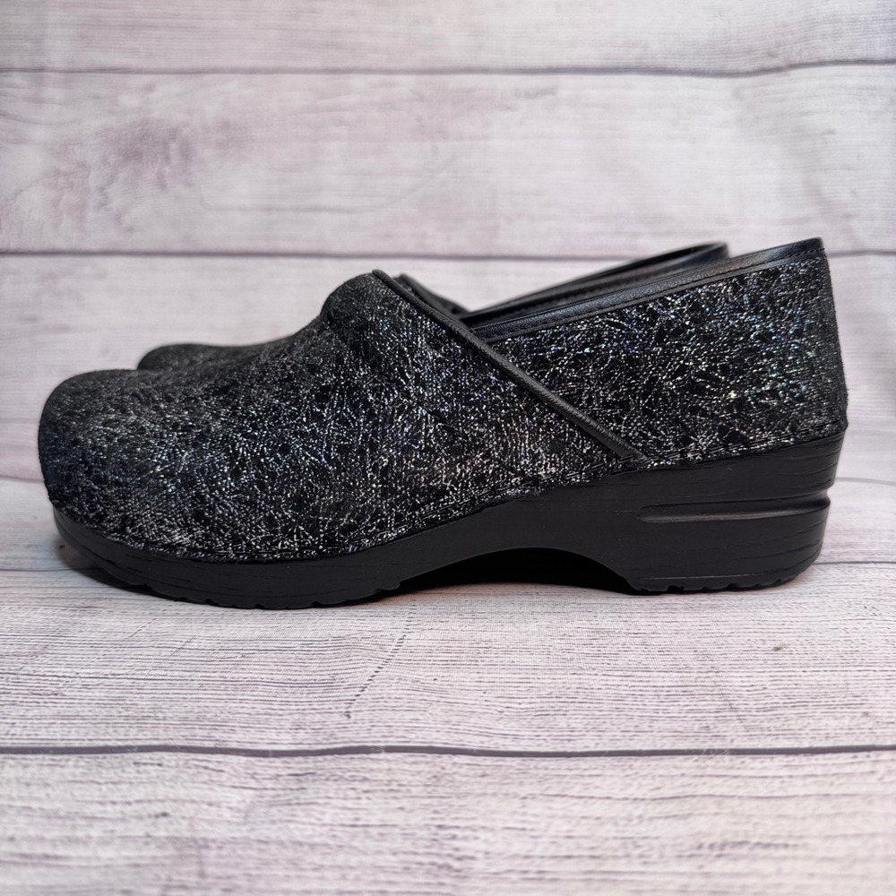 Sanita Professional Black Metallic‎ Silver Sparkle Leather Clogs Shoes Womens 40